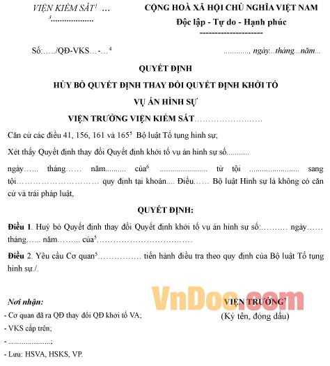 Mẫu quyết định hủy bỏ quyết định thay đổi quyết định khởi tố vụ án hình sự