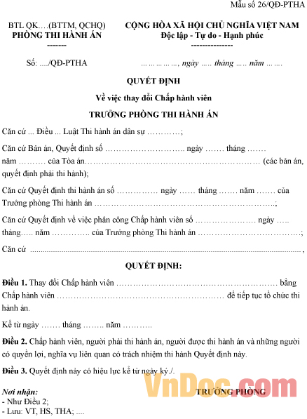 Mẫu số 26/QĐ-PTHA: Quyết định thay đổi chấp hành viên