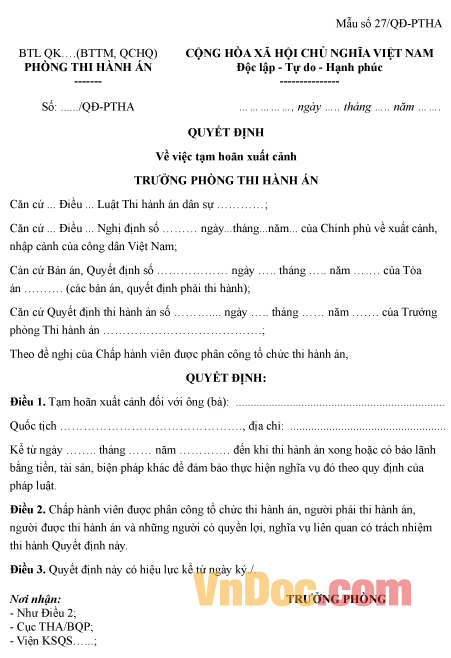 Mẫu quyết định về việc tạm hoãn xuất cảnh