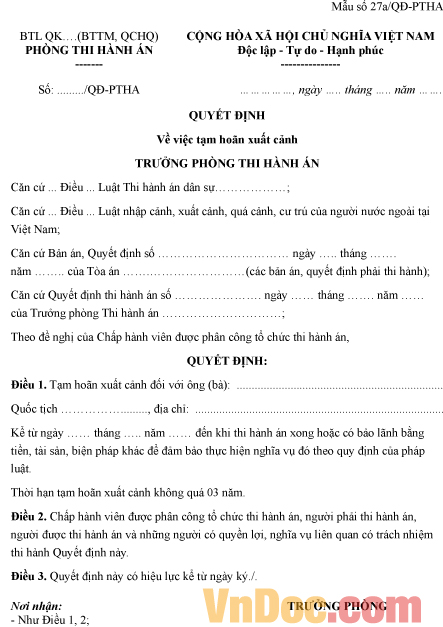 Mẫu quyết định về việc tạm hoãn xuất cảnh