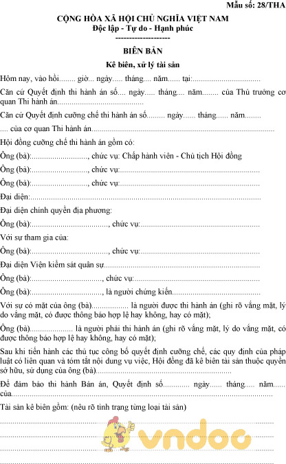 Mẫu số 28/THA: Biên bản kê biên, xử lý tài sản
