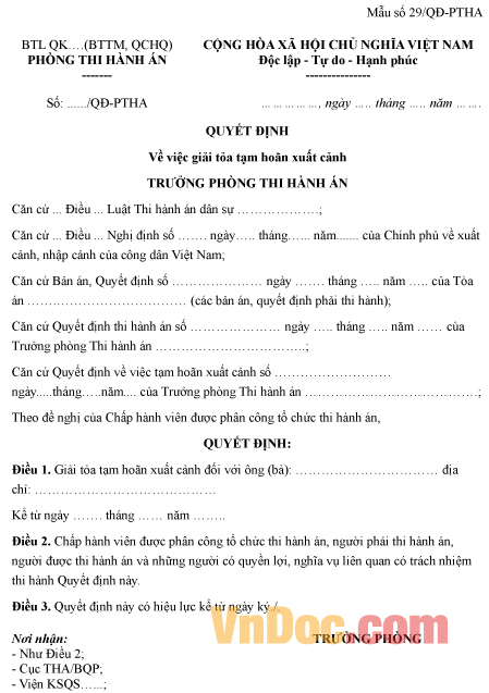 Mẫu quyết định về việc giải tỏa tạm hoãn xuất cảnh