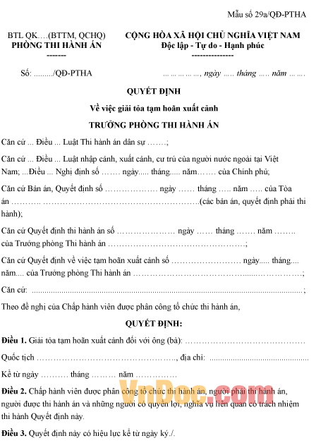 Mẫu quyết định về việc giải tỏa tạm hoãn xuất cảnh