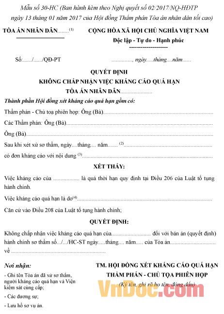 Mẫu số 30-HC: Quyết định không chấp nhận việc kháng cáo quá hạn