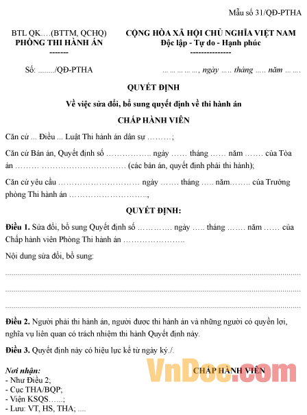 Mẫu quyết định về việc sửa đổi, bổ sung quyết định thi hành án