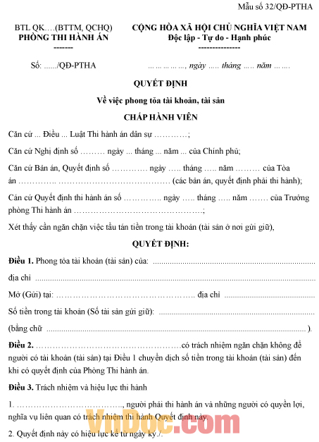 Mẫu quyết định về việc phong tỏa tài khoản, tài sản