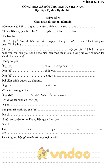 Mẫu số 32/THA: Biên bản giao nhận tài sản thi hành án