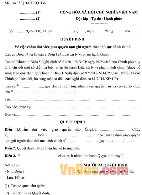 Mẫu quyết định chấm dứt giao quyền tạm giữ người theo thủ tục hành chính