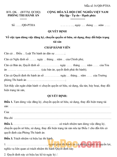 Mẫu số 36/QĐ-PTHA: Quyết định tạm dừng việc đăng ký, chuyển quyền sở hữu tài sản