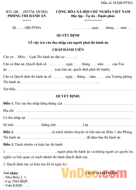 Mẫu quyết định về việc trừ vào thu nhập của người phải thi hành án