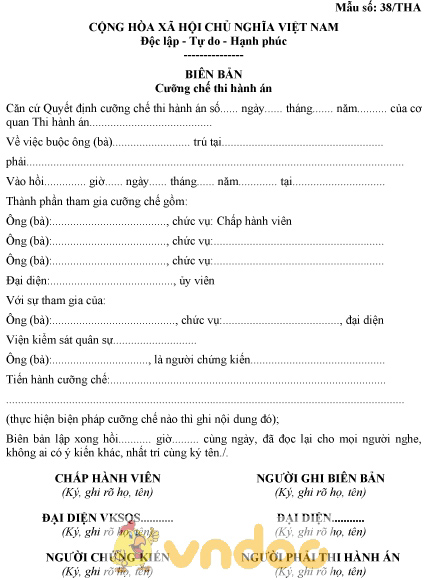 Mẫu số 38/THA: Biên bản cưỡng chế thi hành án