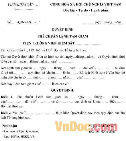 Mẫu quyết định phê chuẩn lệnh tạm giam