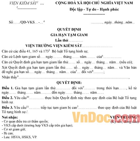 Mẫu quyết định gia hạn tạm giam
