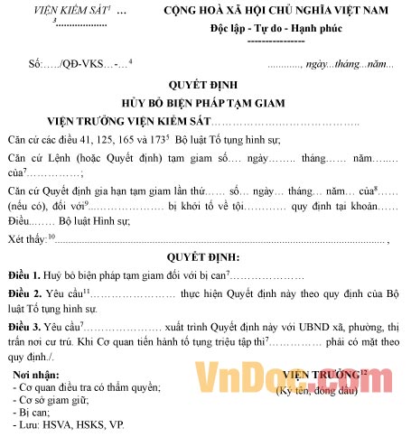 Mẫu quyết định hủy bỏ biện pháp tạm giam