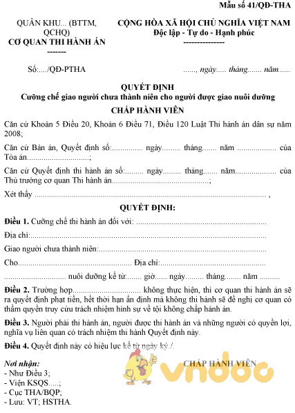 Mẫu số 41/QĐ-THA: Quyết định cưỡng chế giao người chưa thành niên cho người được giao nuôi dưỡng
