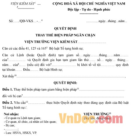 Mẫu quyết định thay thế biện pháp ngăn chặn