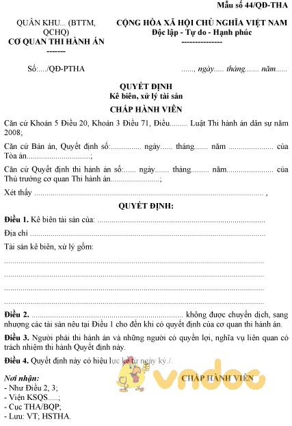 Mẫu số 44/QĐ-THA: Quyết định kê biên, xử lý tài sản