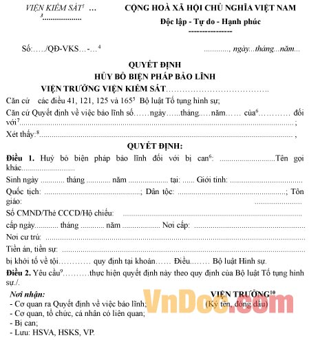 Mẫu quyết định hủy bỏ biện pháp bảo lĩnh