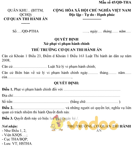 Mẫu số 45/QĐ-THA: Quyết định xử phạt vi phạm hành chính