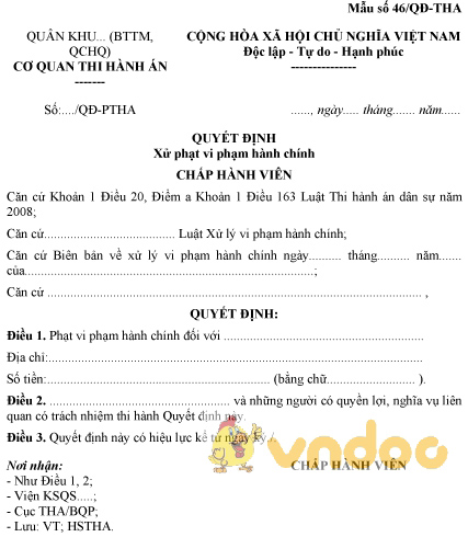 Mẫu số 46/QĐ-THA: Quyết định xử phạt vi phạm hành chính