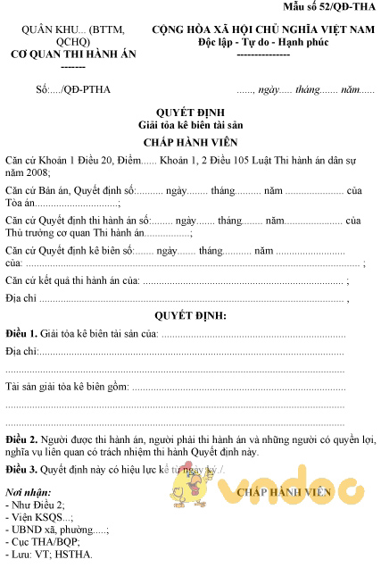 Mẫu số 52/QĐ-THA: Quyết định giải tỏa kê biên tài sản