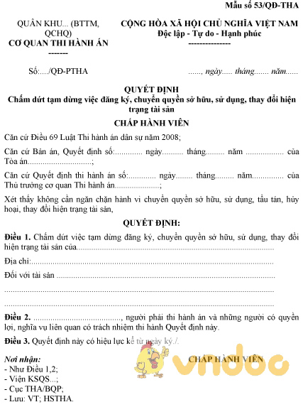 Mẫu số 53/QĐ-THA: Quyết định chấm dứt tạm dừng việc đăng ký, chuyển quyền sở hữu tài sản