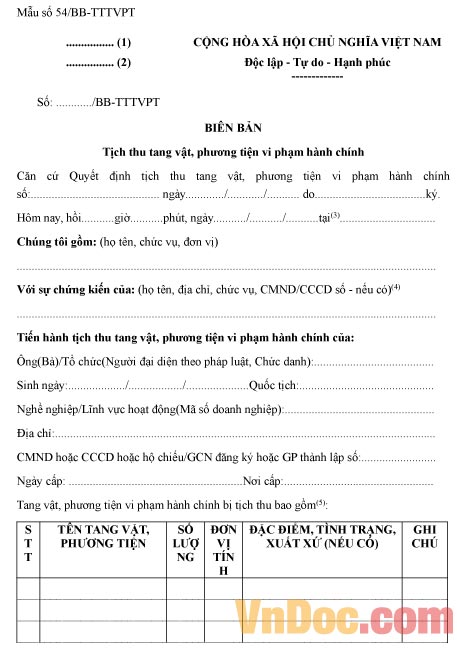 Mẫu biên bản về việc tịch thu tang vật, phương tiện vi phạm hành chính