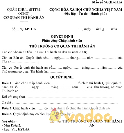 Mẫu số 54/QĐ-THA: Quyết định phân công chấp hành viên