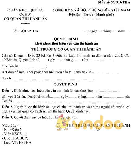Mẫu số 55/QĐ-THA: Quyết định khôi phục thời hiệu yêu cầu thi hành án