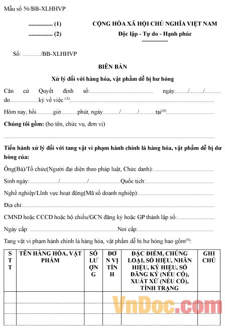 Mẫu biên bản xử lý đối với hàng hóa, vật phẩm dễ bị hư hỏng