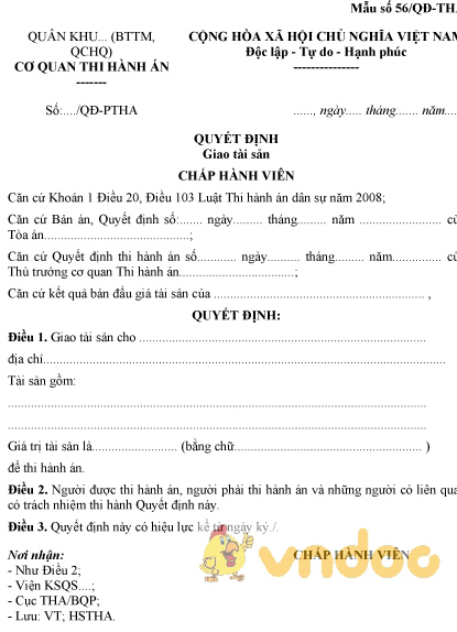 Mẫu số 56/QĐ-THA: Quyết định giao tài sản