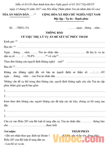 Mẫu số 65-DS: Thông báo về việc thụ lý vụ án để xét xử phúc thẩm