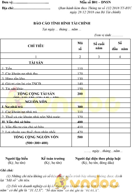 Mẫu số B01 – DNSN: Báo cáo tình hình tài chính