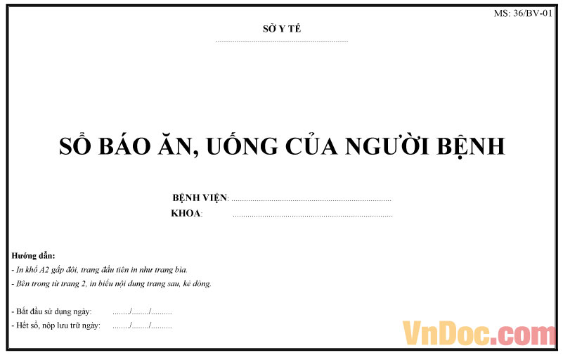 Mẫu sổ báo ăn, uống của người bệnh