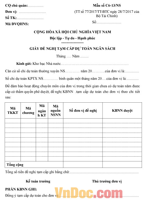 Mẫu số C6-13/NS giấy đề nghị tạm cấp dự toán ngân sách