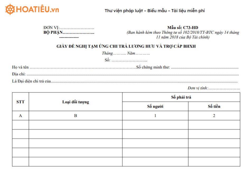 Mẫu số C73-HD: Giấy đề nghị tạm ứng chi trả lương hưu và trợ cấp BHXH