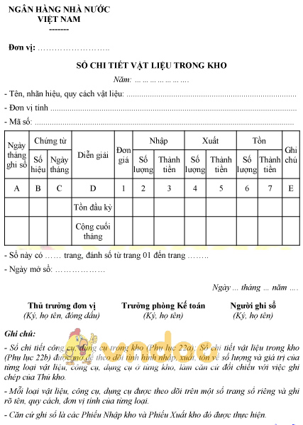 Mẫu sổ chi tiết vật liệu trong kho của ngân hàng nhà nước