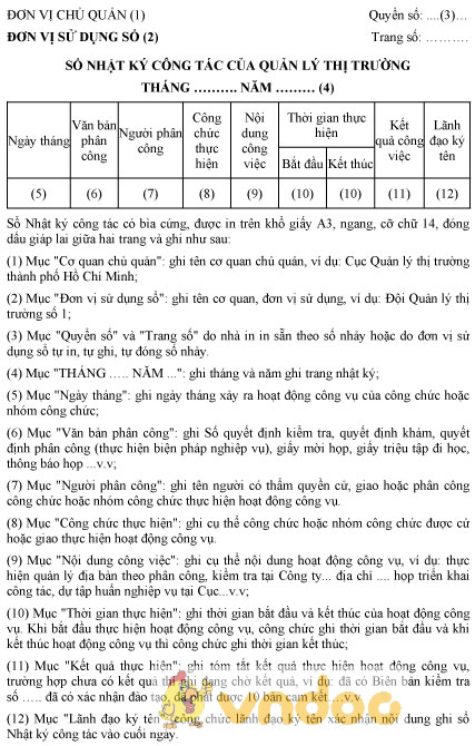 Mẫu sổ nhật ký công tác của quản lý thị trường