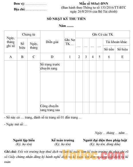 Mẫu sổ Nhật ký thu tiền