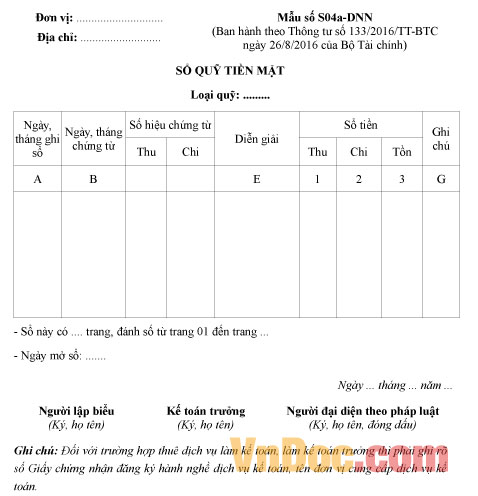Mẫu số S04a-DNN: Sổ quỹ tiền mặt