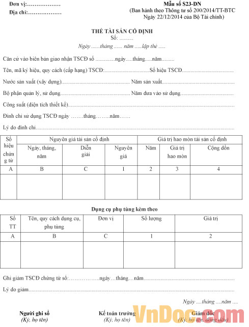 Mẫu số S23-DN: Thẻ tài sản cố định