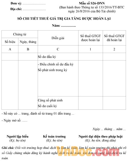 Mẫu số S27-DNN: Sổ chi tiết thuế giá trị gia tăng được hoàn lại