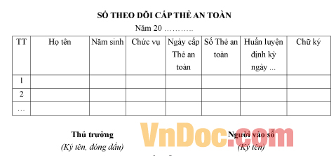 Mẫu sổ theo dõi về việc cấp thẻ an toàn lao động