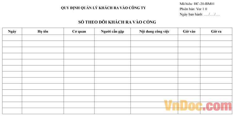 Mẫu sổ theo dõi khách ra vào công ty