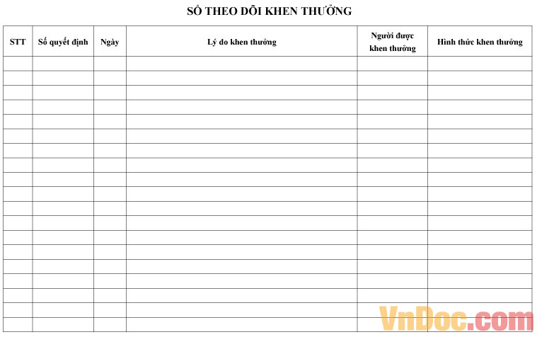 Mẫu sổ theo dõi khen thưởng