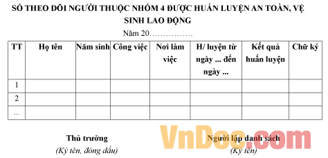 Mẫu sổ theo dõi người thuộc nhóm 4 được huấn luyện về an toàn vệ sinh lao động