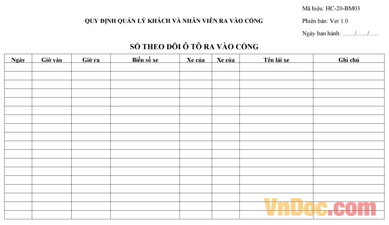 Mẫu sổ theo dõi ô tô ra vào công ty