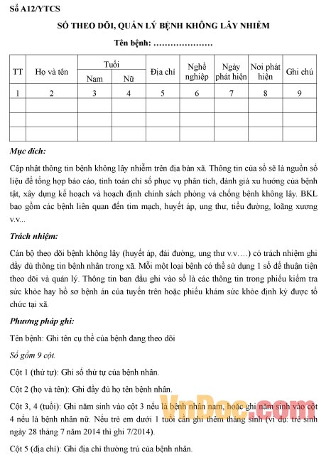 Mẫu sổ ghi chép về việc theo dõi, quản lý bệnh nhân không lây bệnh