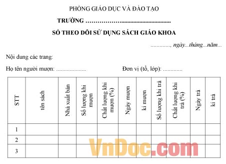 Mẫu sổ theo dõi về việc sử dụng sách giáo khoa