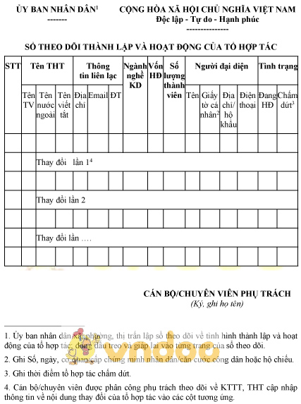 Mẫu sổ theo dõi thành lập và hoạt động của tổ hợp tác